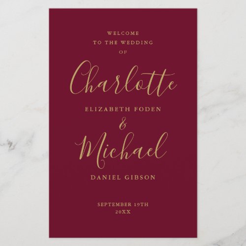 Burgundy and Gold Signature Script Wedding Program