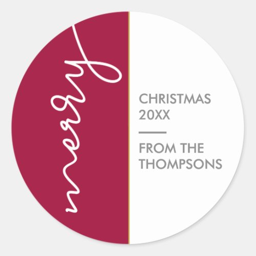Burgundy and gold  Simple Merry Christmas Script Classic Round Sticker