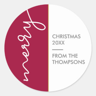 Burgundy and gold Simple Merry Christmas Script Classic Round Sticker