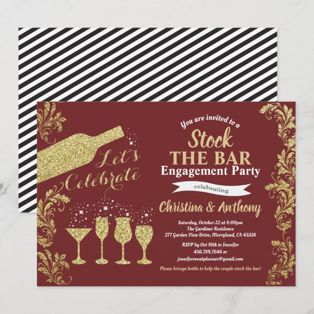 Burgundy and gold stock the bar engagement party invitation (Front/Back)