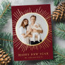 Burgundy and Gold Sunburst Happy New Year Photo Foil Holiday Card