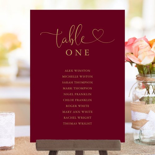 Burgundy And Gold Table Number Seating Chart