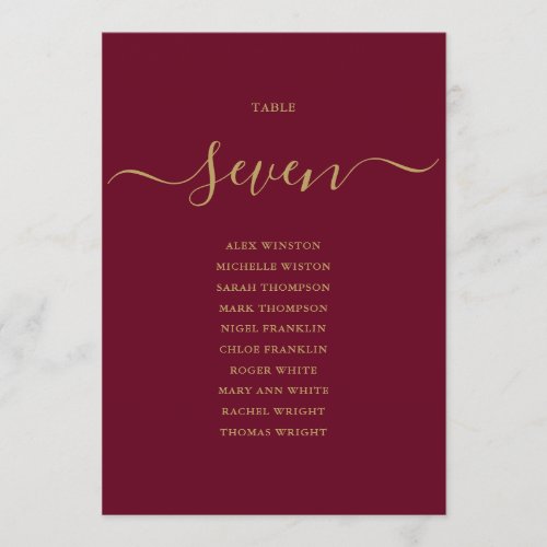 Burgundy and Gold Table Number Seating Chart