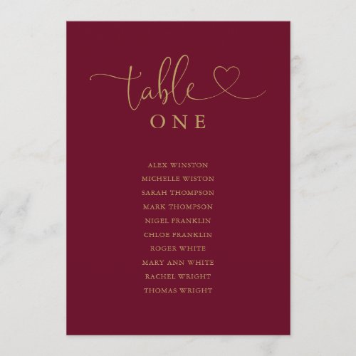 Burgundy And Gold Table Number Seating Chart