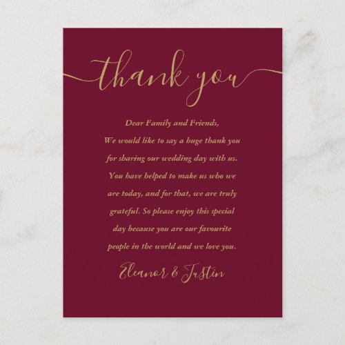 Burgundy and Gold Thank You Wedding Place Card