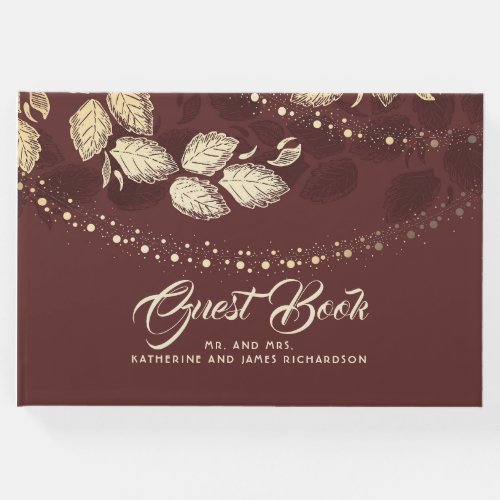 Burgundy and Gold Tree and Lights Wedding Guest Book - Gold tree leaves and string of lights elegant marsala red wedding guest books