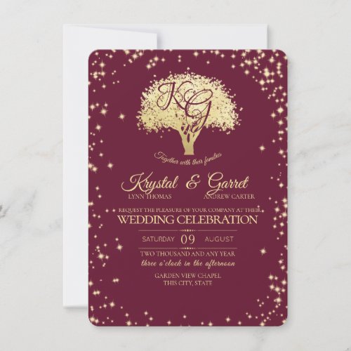 Burgundy and Gold Tree and Sparkle Wedding Invitation