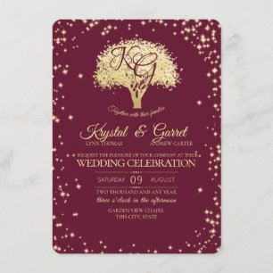 Burgundy and Gold Tree and Sparkle Wedding Invitation