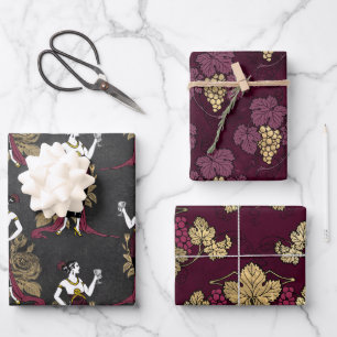 Burgundy and Gold Vintage Paris Wine Themed Wrapping Paper Sheets