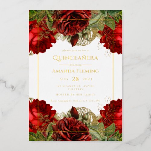 Burgundy and Gold Vintage Roses Quinceaera Photo Foil Invitation