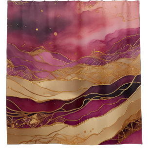 Burgundy and Gold Watercolor Abstract Landscape Shower Curtain
