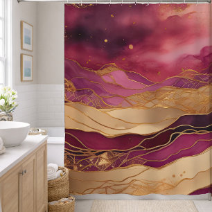 Burgundy and Gold Watercolor Abstract Landscape Shower Curtain