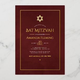 Burgundy and Gold Watercolor Bat Mitzvah Photo Foil Invitation