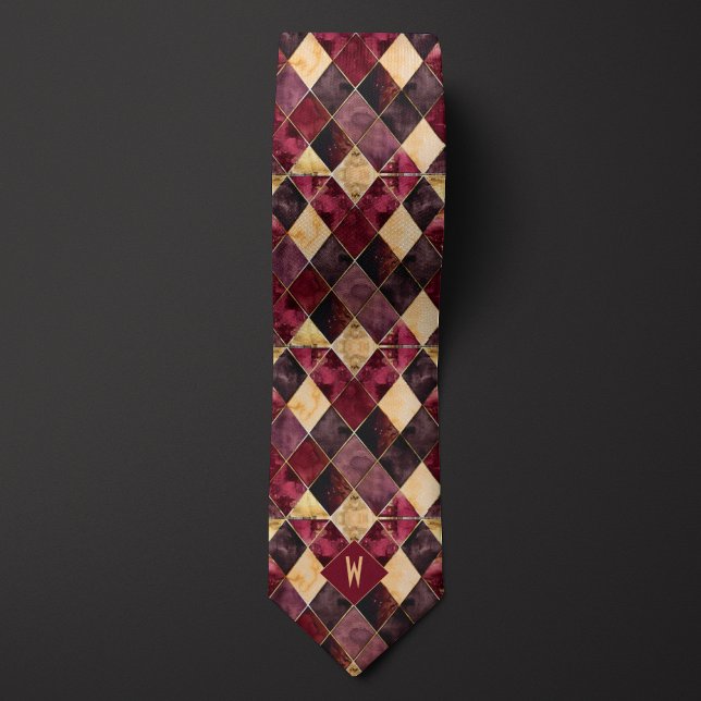 Burgundy and Gold Watercolor Diamond Monogram Neck Tie (Creator Uploaded)