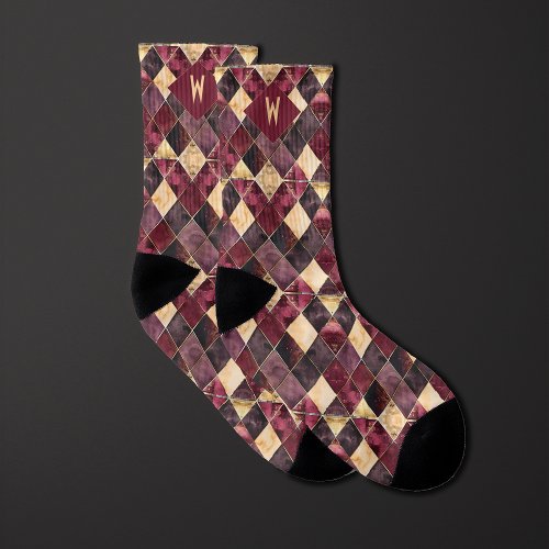 Burgundy and Gold Watercolor Diamond Monogram Socks