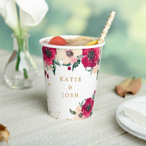Burgundy and Gold Watercolor Floral  Paper Cups