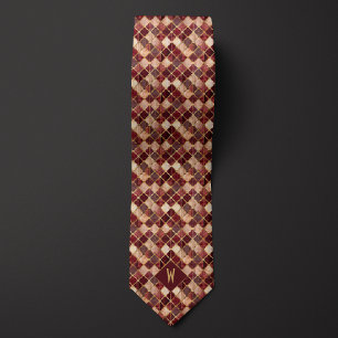 Burgundy and Gold Watercolor Geometric Monogram Neck Tie