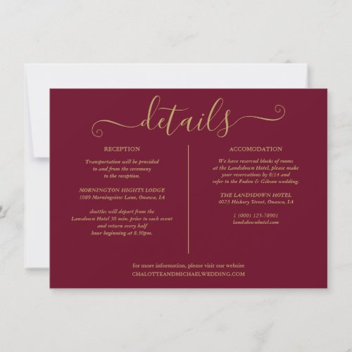 Burgundy And Gold Wedding Details Information Invitation