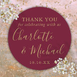 Burgundy and Gold Wedding Favor Thank You Classic Round Sticker<br><div class="desc">Burgundy and gold signature wedding favor thank you classic round sticker featuring signature style names. Personalize with your special thank you information in chic white typography. Designed by Thisisnotme©</div>