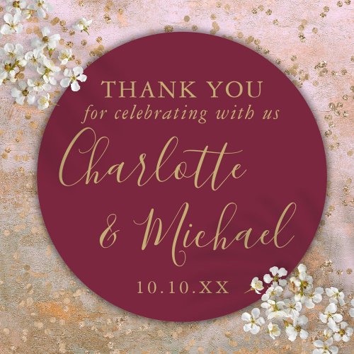 Burgundy and Gold Wedding Favor Thank You Classic Round Sticker