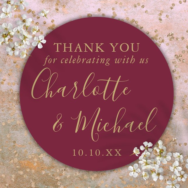 Burgundy and Gold Wedding Favor Thank You Classic Round Sticker (Burgundy and Gold Wedding Favor Thank You Classic Round Sticker)