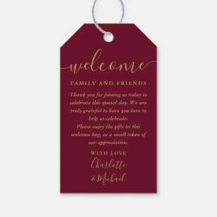 Burgundy and Gold Wedding Favor Welcome Basket Bag Gift Tags
