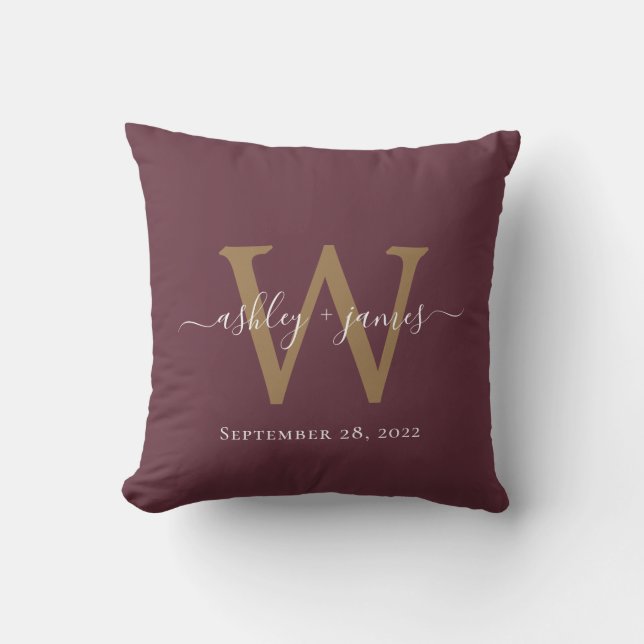 Burgundy and Gold Wedding Monogram Throw Pillow (Front)