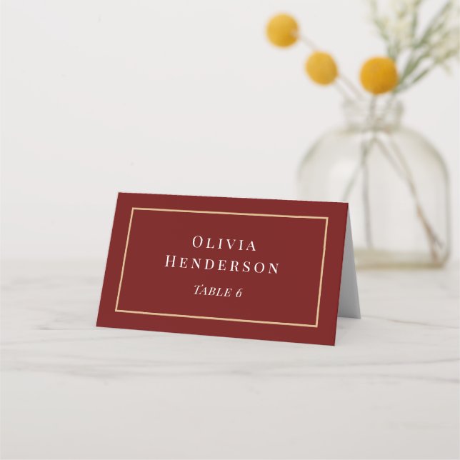 Burgundy and Gold Wedding Place Card Name Card (Front)