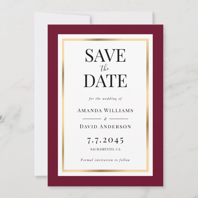 Burgundy and Gold Wedding Save The Date Cards (Front)