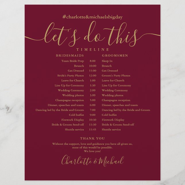 Burgundy and Gold Wedding Schedule Timeline (Front)