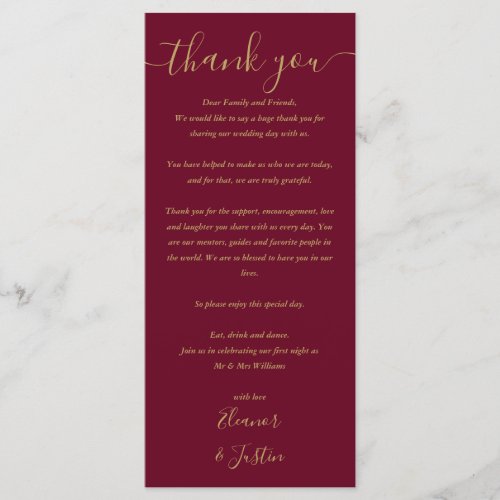 Burgundy and Gold Wedding Thank You Place Card