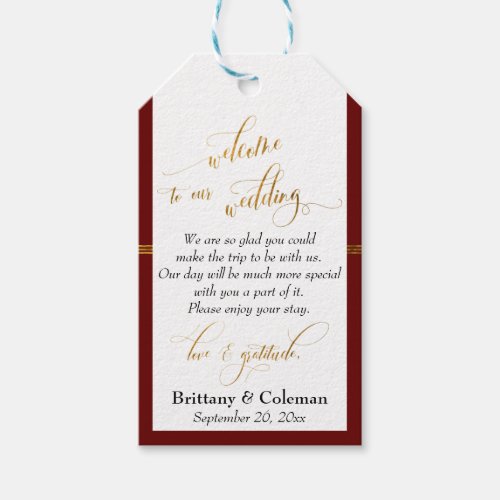 Burgundy and Gold Welcome Love  Gratitude Wedding Gift Tags