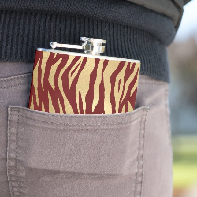 Burgundy and Gold Wild Animal Print Flask (In Situ)