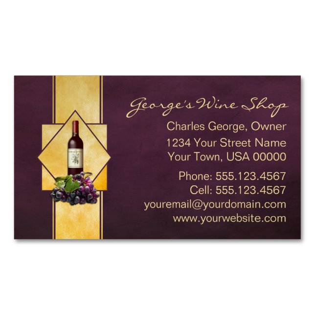 Burgundy and Gold Wine Shop Magnetic Business Card (Front)