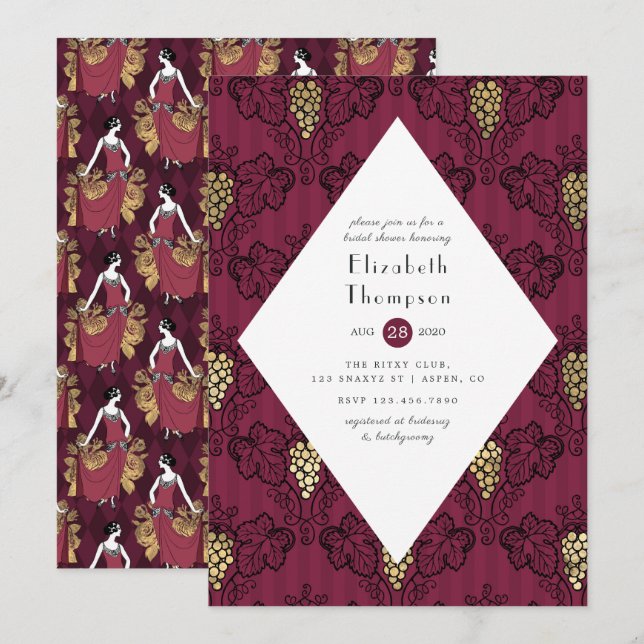 Burgundy and Gold Wine Tasting Bridal Shower Invitation (Front/Back)