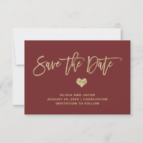 Burgundy and Gold with Heart  Photo Back Save The Date