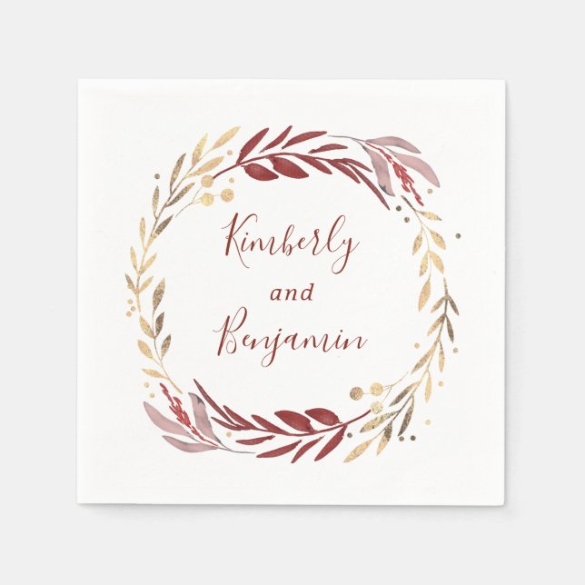 Burgundy and Gold Wreath Wedding Napkins (Front)