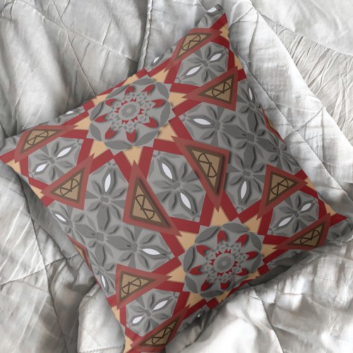 Burgundy and Gray Ethnic Mosaic Arabesque Pattern Throw Pillow