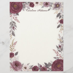 Burgundy and Gray Floral Stationery Paper