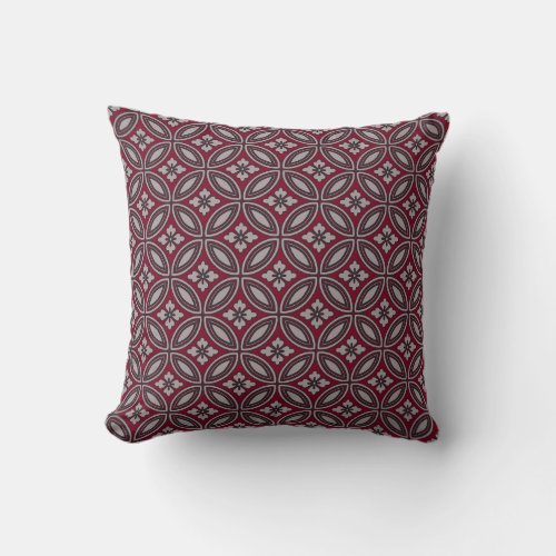 Burgundy and Gray Floral Tile Wallpaper Pattern Throw Pillow