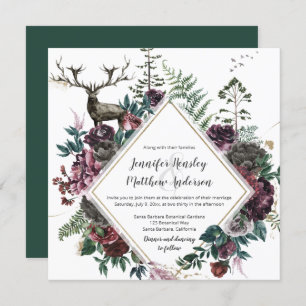 Burgundy and Gray Floral with Stag and Greenery Invitation