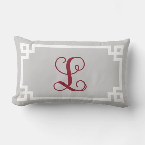 Burgundy and Gray Greek Key Script Monogram L Lumbar Pillow