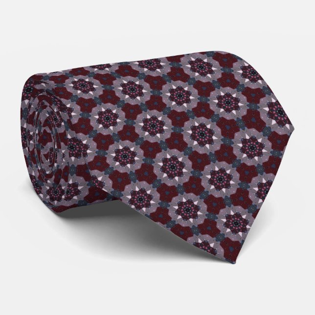 Burgundy and Gray Quilt Print Neck Tie (Rolled)