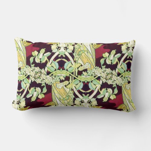 Burgundy and Green Floral  Mucha Remix Abstract Lumbar Pillow