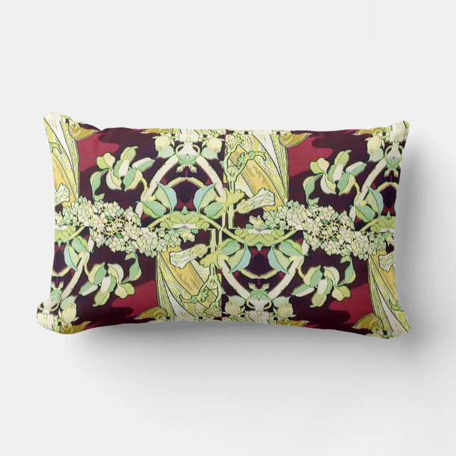 Burgundy and Green Floral  Mucha Remix Abstract Lumbar Pillow (Front)