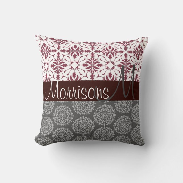 Burgundy and Grey Damask Monogram Throw Pillow (Front)