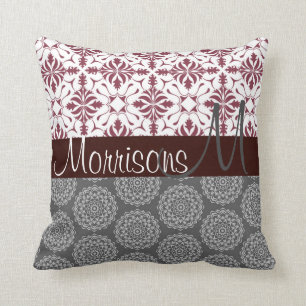 Burgundy and Grey Damask Monogram Throw Pillow