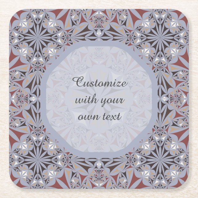Burgundy and Grey Elegant Pattern Custom Text Square Paper Coaster (Front)