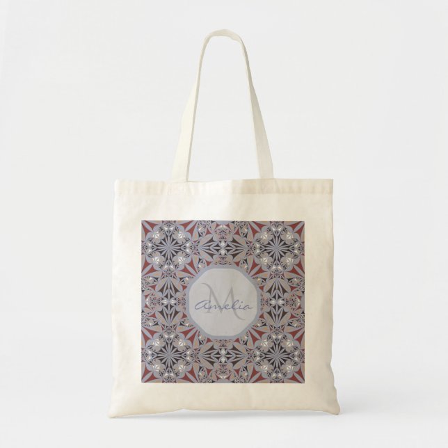 Burgundy and Grey Elegant Pattern Personalised Tote Bag (Front)