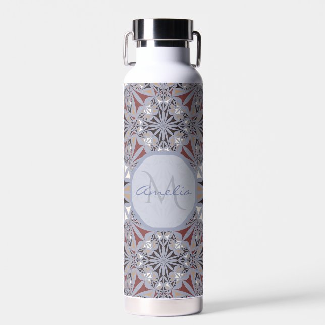 Burgundy and Grey Elegant Pattern Personalised Water Bottle (Front)